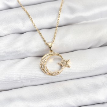 316L Çelik Zincir Gold Renk Ay Yıldız Model Zirkon Taşlı Kadın Kolye