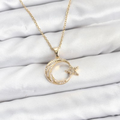 316L Çelik Zincir Gold Renk Ay Yıldız Model Zirkon Taşlı Kadın Kolye