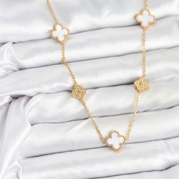 316L Çelik Zincir Gold Renk Beyaz ve Zirkon Taşlı Yonca Kadın Kolye