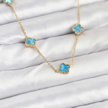 316L Çelik Zincir Gold Renk Buz Mavisi Baby Boy Yonca Kadın Kolye