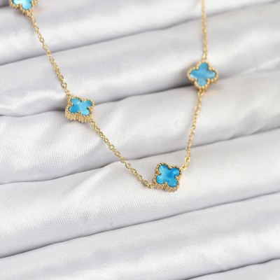 316L Çelik Zincir Gold Renk Buz Mavisi Baby Boy Yonca Kadın Kolye