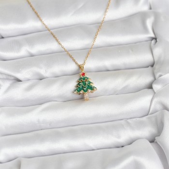 316L Çelik Zincir Gold Renk Çam Ağacı Model Yılbaşı Temalı Kadın Kolye