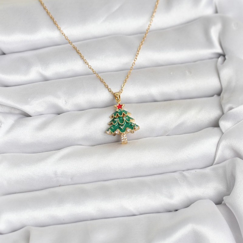 316L Çelik Zincir Gold Renk Çam Ağacı Model Yılbaşı Temalı Kadın Kolye
