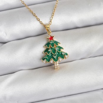 316L Çelik Zincir Gold Renk Çam Ağacı Model Yılbaşı Temalı Kadın Kolye