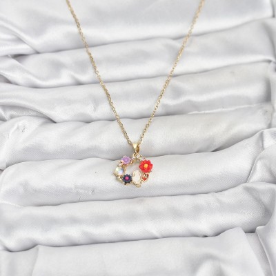 316L Çelik Zincir Gold Renk Çiçekli Kedili Model Kadın Kolye