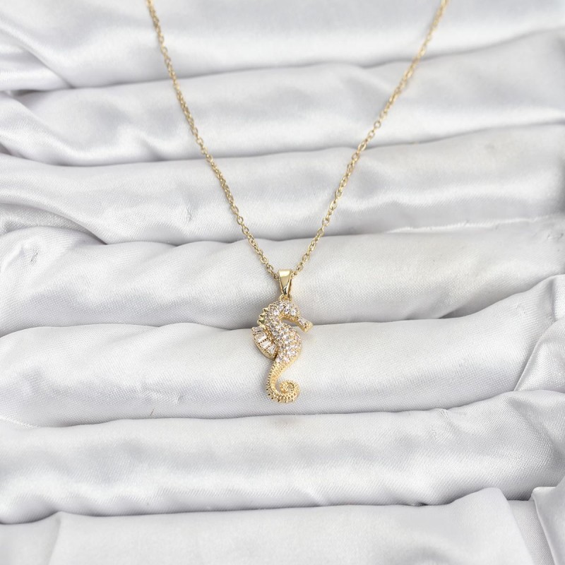 316L Çelik Zincir Gold Renk Deniz Atı Model Zirkon Taşlı Kadın Kolye