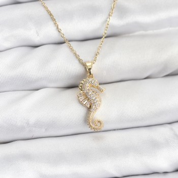 316L Çelik Zincir Gold Renk Deniz Atı Model Zirkon Taşlı Kadın Kolye