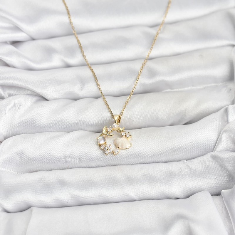 316L Çelik Zincir Gold Renk Deniz Tema Model Zirkon Taşlı Kadın Kolye