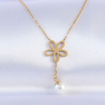 316L Çelik Zincir Gold Renk İnci Detay Çiçek Kolye