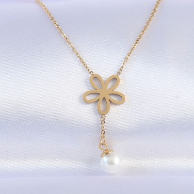 316L Çelik Zincir Gold Renk İnci Detay Çiçek Kolye