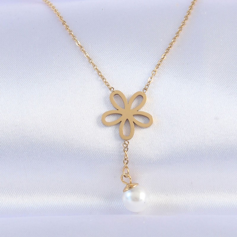 316L Çelik Zincir Gold Renk İnci Detay Çiçek Kolye
