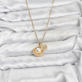 316L Çelik Zincir Gold Renk İncili Deniz Kabuğu Model Zirkon Taşlı Kadın Kolye