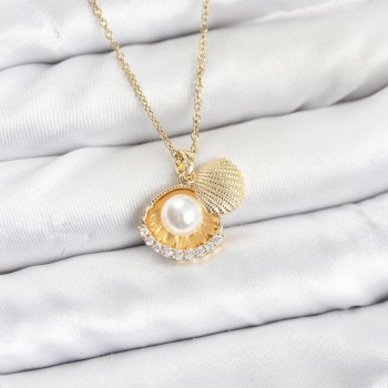 316L Çelik Zincir Gold Renk İncili Deniz Kabuğu Model Zirkon Taşlı Kadın Kolye