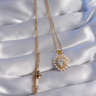 316L Çelik Zincir Gold Renk İncili Zirkon Taşlı Kalp Tasarımlı Kolye