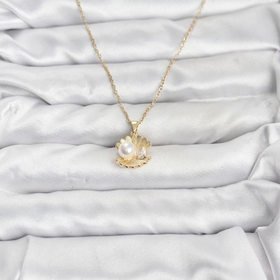 316L Çelik Zincir Gold Renk İstiridye İnci Model Zirkon Taşlı Kadın Kolye