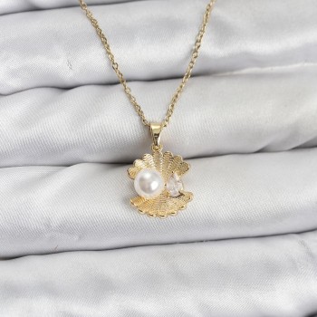 316L Çelik Zincir Gold Renk İstiridye İnci Model Zirkon Taşlı Kadın Kolye