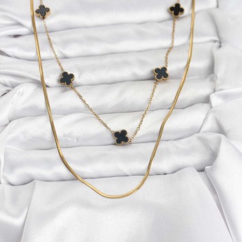 316L Çelik Zincir Gold Renk İtalyan Zincirli Siyah Yonca Model Kadın Kolye