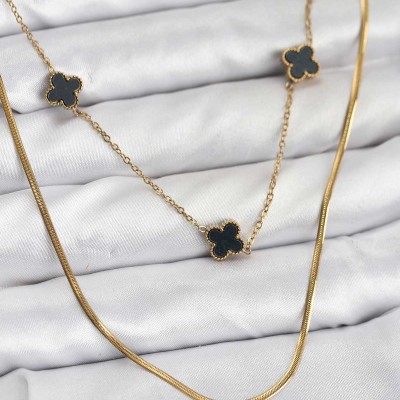 316L Çelik Zincir Gold Renk İtalyan Zincirli Siyah Yonca Model Kadın Kolye