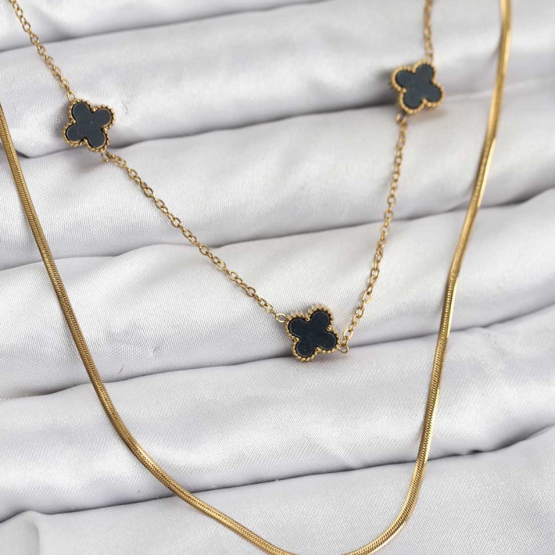 316L Çelik Zincir Gold Renk İtalyan Zincirli Siyah Yonca Model Kadın Kolye