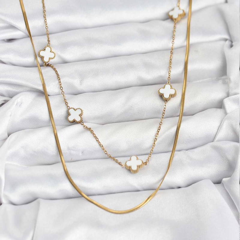 316L Çelik Zincir Gold Renk İtalyan Zincirli Yonca Model Kadın Kolye