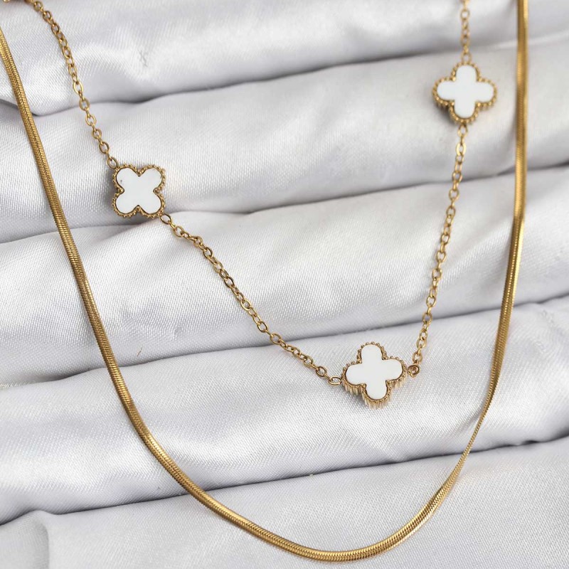 316L Çelik Zincir Gold Renk İtalyan Zincirli Yonca Model Kadın Kolye