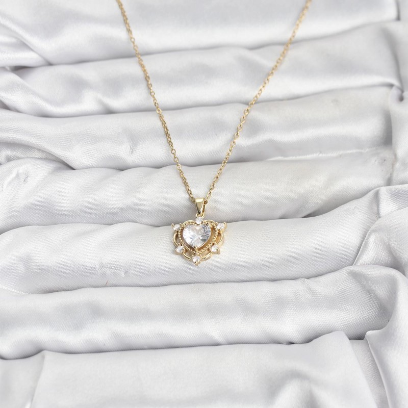 316L Çelik Zincir Gold Renk Kalp Model Zirkon Taşlı Kadın Kolye