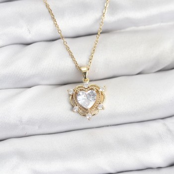 316L Çelik Zincir Gold Renk Kalp Model Zirkon Taşlı Kadın Kolye