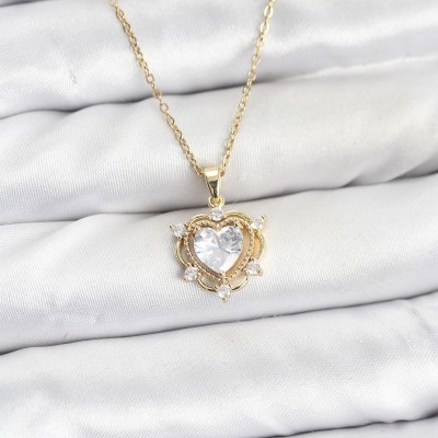 316L Çelik Zincir Gold Renk Kalp Model Zirkon Taşlı Kadın Kolye