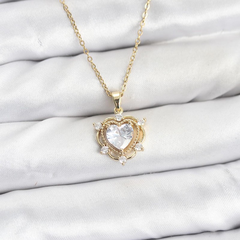 316L Çelik Zincir Gold Renk Kalp Model Zirkon Taşlı Kadın Kolye
