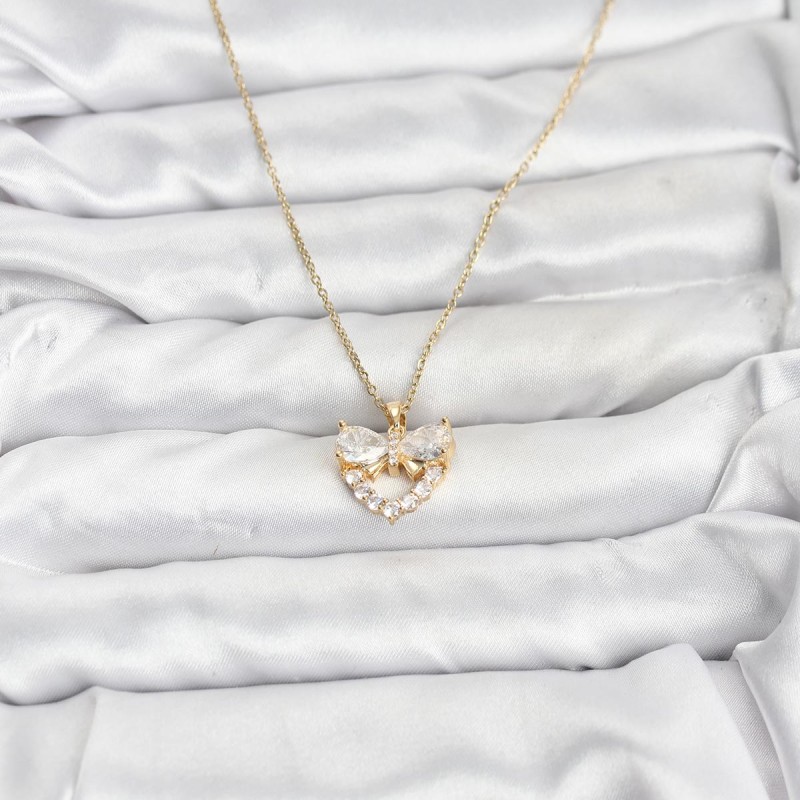 316L Çelik Zincir Gold Renk Kalp ve Fiyonk Model Zirkon Taşlı Kadın Kolye