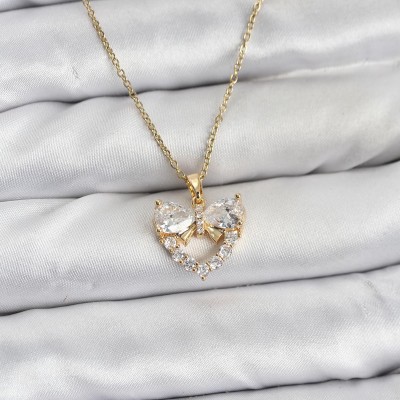 316L Çelik Zincir Gold Renk Kalp ve Fiyonk Model Zirkon Taşlı Kadın Kolye