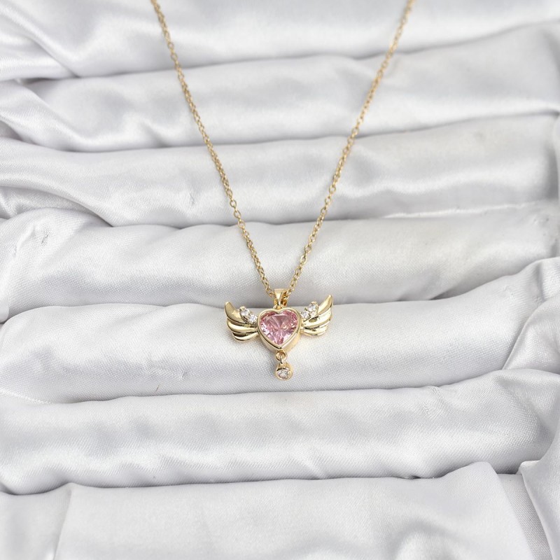 316L Çelik Zincir Gold Renk Kanatlı Kalp Model Zirkon Taşlı Kadın Kolye