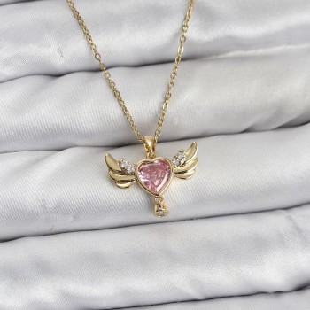 316L Çelik Zincir Gold Renk Kanatlı Kalp Model Zirkon Taşlı Kadın Kolye