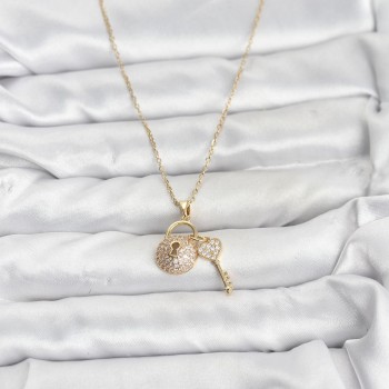 316L Çelik Zincir Gold Renk Kilit Anahtar Model Zirkon Taşlı Kadın Kolye