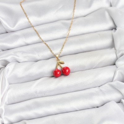 316L Çelik Zincir Gold Renk Kiraz Model Kadın Kolye