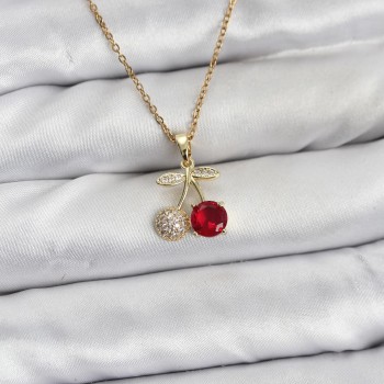 316L Çelik Zincir Gold Renk Kiraz Model Zirkon Taşlı Kadın Kolye