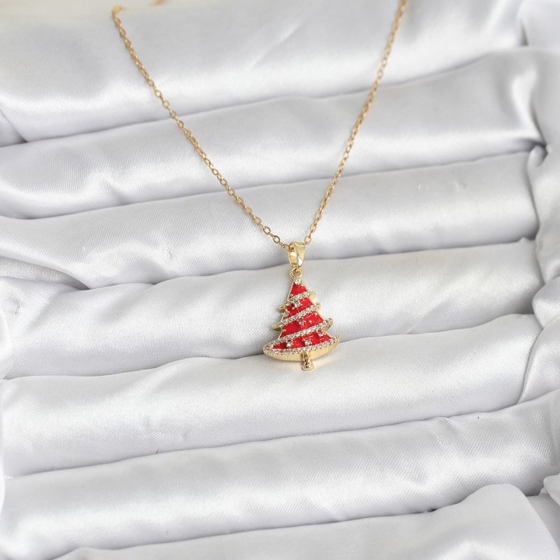 316L Çelik Zincir Gold Renk Kırmızı Çam Ağacı Model Yılbaşı Temalı Kadın Kolye