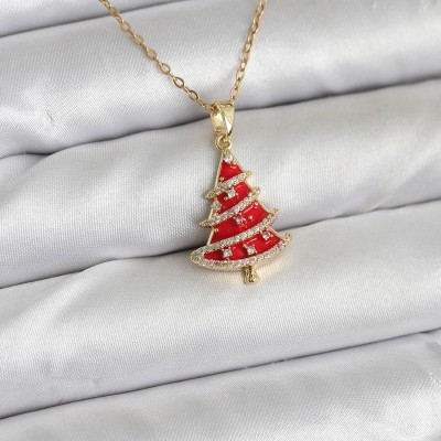 316L Çelik Zincir Gold Renk Kırmızı Çam Ağacı Model Yılbaşı Temalı Kadın Kolye