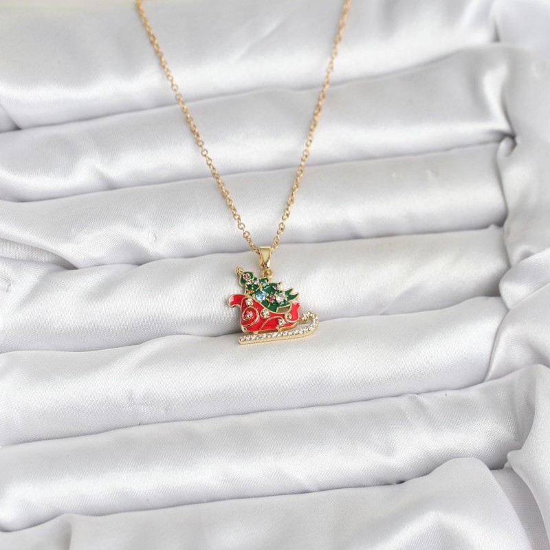316L Çelik Zincir Gold Renk Kızak ve Çam Ağacı Figürlü Yılbaşı Temalı Kadın Kolye