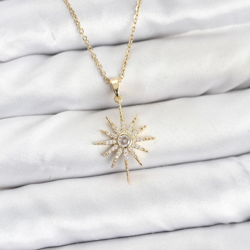 316L Çelik Zincir Gold Renk Kutup Yıldızı Model Zirkon Taşlı Kadın Kolye