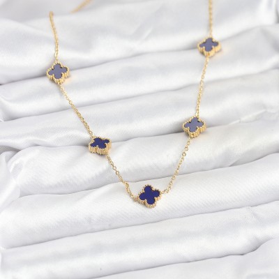 316L Çelik Zincir Gold Renk Lacivert Baby Boy Yonca Kadın Kolye