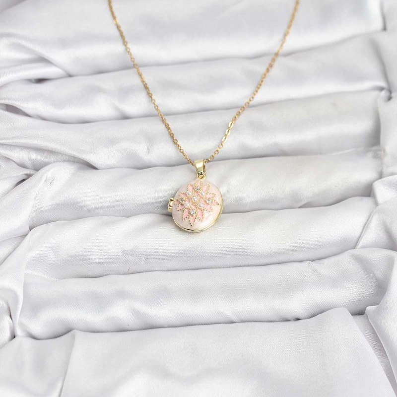 316L Çelik Zincir Gold Renk Mineli Lotus Model Açılabilir Kadın Kolye