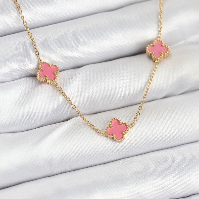 316L Çelik Zincir Gold Renk Pembe Baby Boy Yonca Kadın Kolye