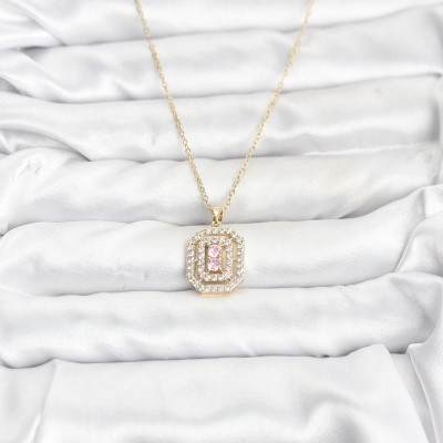 316L Çelik Zincir Gold Renk Plaka Model Zirkon Taşlı Kadın Kolye