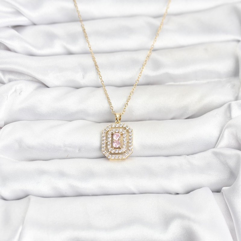 316L Çelik Zincir Gold Renk Plaka Model Zirkon Taşlı Kadın Kolye