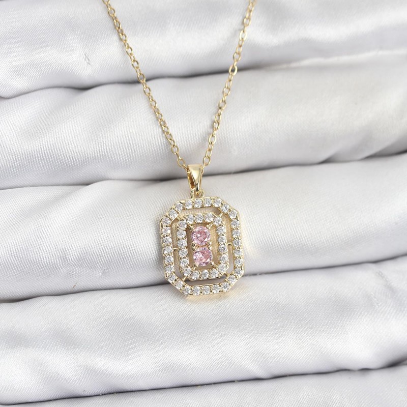 316L Çelik Zincir Gold Renk Plaka Model Zirkon Taşlı Kadın Kolye