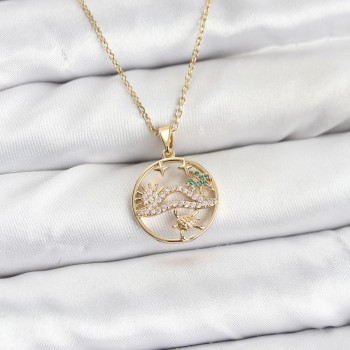 316L Çelik Zincir Gold Renk Şans Kolyesi Model Zirkon Taşlı Kadın Kolye