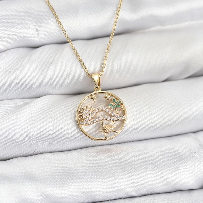 316L Çelik Zincir Gold Renk Şans Kolyesi Model Zirkon Taşlı Kadın Kolye