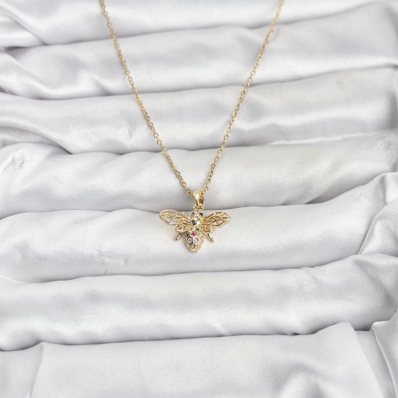 316L Çelik Zincir Gold Renk Sinek Model Zirkon Taşlı Kadın Kolye