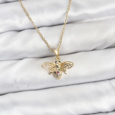 316L Çelik Zincir Gold Renk Sinek Model Zirkon Taşlı Kadın Kolye